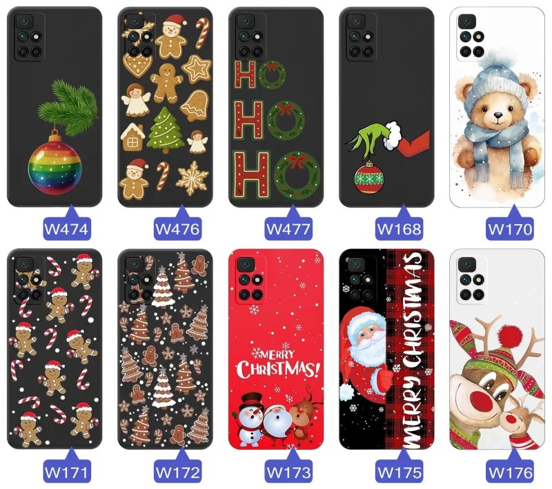 Różne etui świąteczne na Xiaomi Redmi 10 - motywy świąteczne i zimowe w odcieniach czerwieni, zieleni i bieli