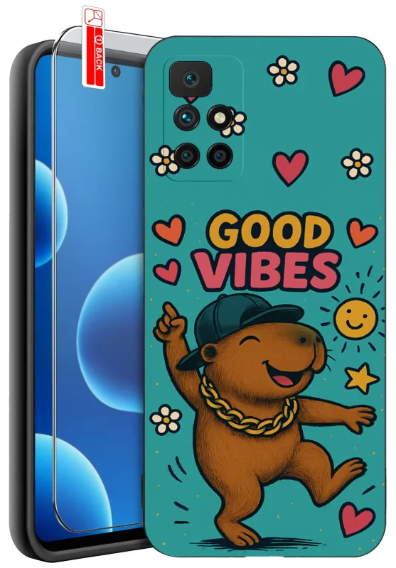 Etui z kapibarą do Xiaomi Redmi 10 - kolorowy case z tańczącą kapibarą, napisem Good Vibes, serduszkami i kwiatkami