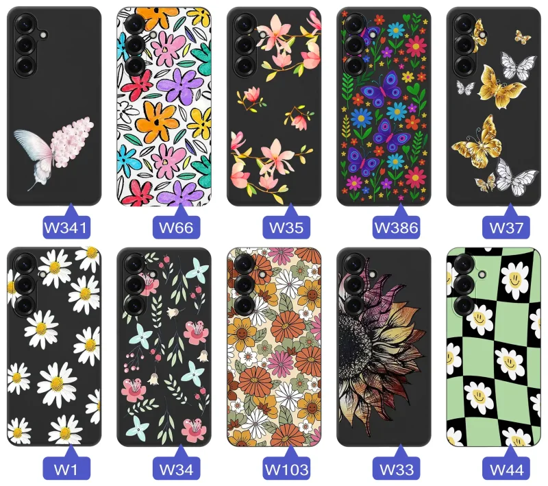 Etui wiosenne Samsung Galaxy S26+ Plus różnorodne motywy kwiatowe i naturalne na czarnym tle