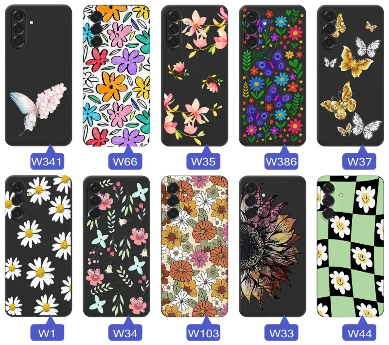 Etui wiosenne Samsung Galaxy A36 5G różnorodne motywy kwiatowe i naturalne na czarnym tle