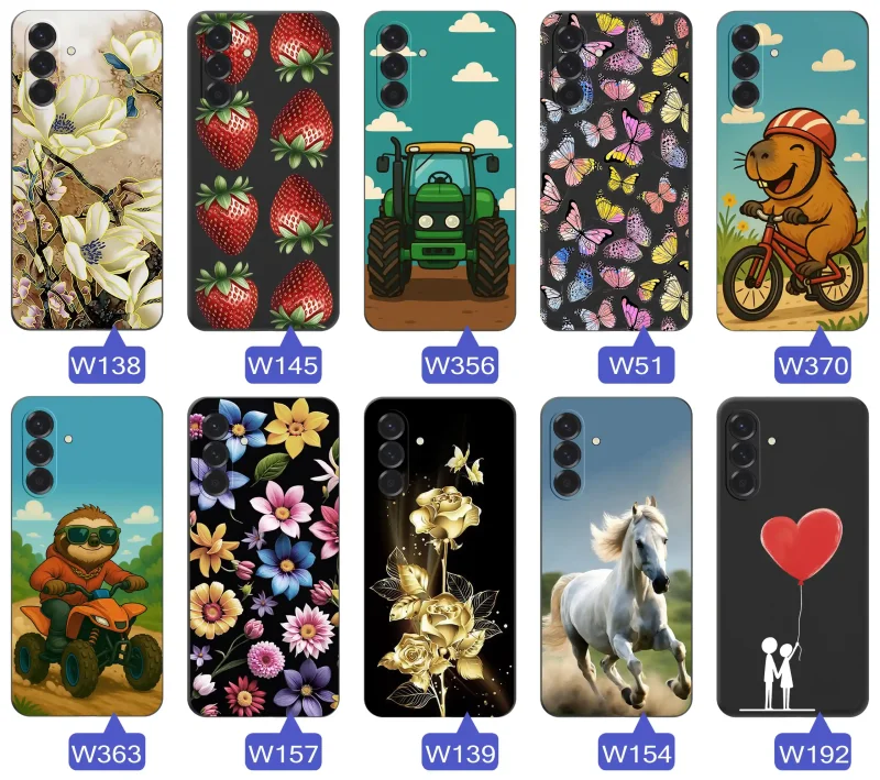Case wiosenne Samsung Galaxy A36 5G czarne etui z wzorem – motyle, kwiaty, róże, koń, traktor, truskawki, kapibara, miłość