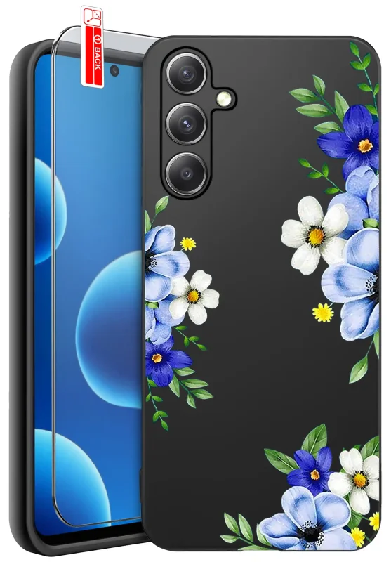 Etui wiosenne do Samsung Galaxy M55 5G w biało-niebieskie kwiatki