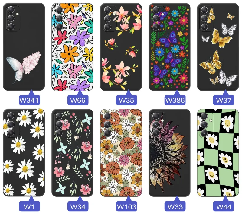 Etui wiosenne Samsung Galaxy M15 5G różnorodne motywy kwiatowe i naturalne na czarnym tle