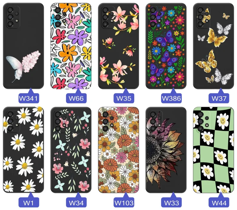 Etui wiosenne Samsung Galaxy A53 5G różnorodne motywy kwiatowe i naturalne na czarnym tle
