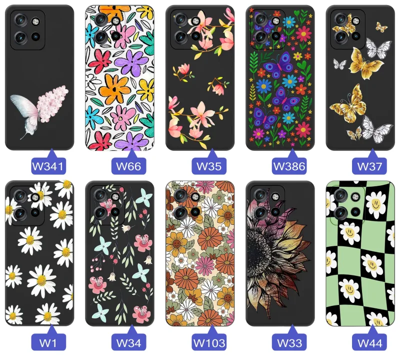 Etui wiosenne Motorola Edge 50 Neo różnorodne motywy kwiatowe i naturalne na czarnym tle