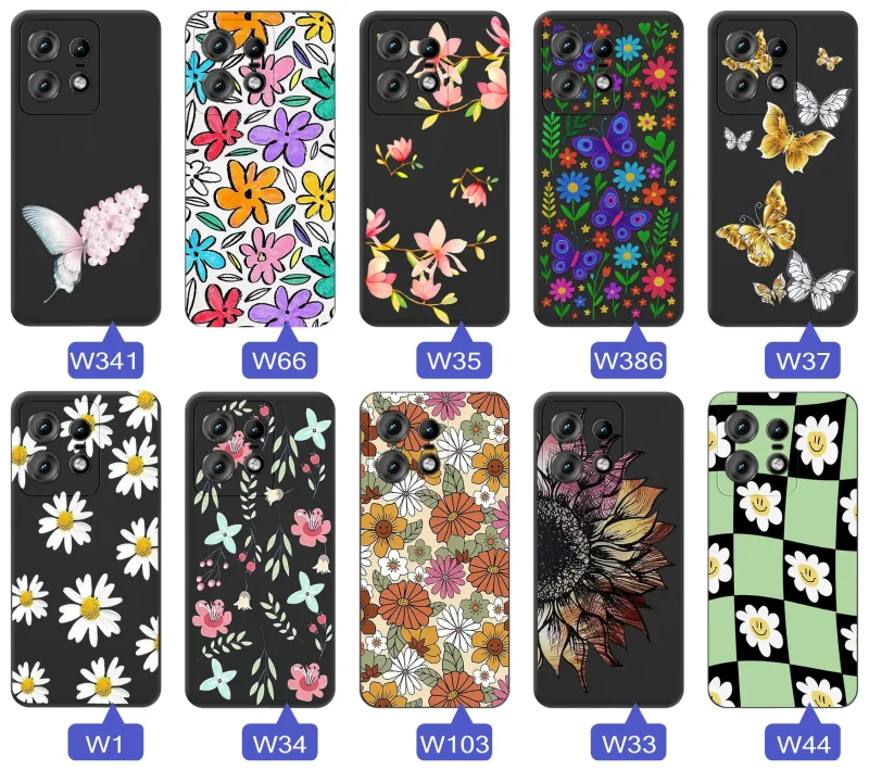 Etui wiosenne Motorola Edge 50 Pro różnorodne motywy kwiatowe i naturalne na czarnym tle