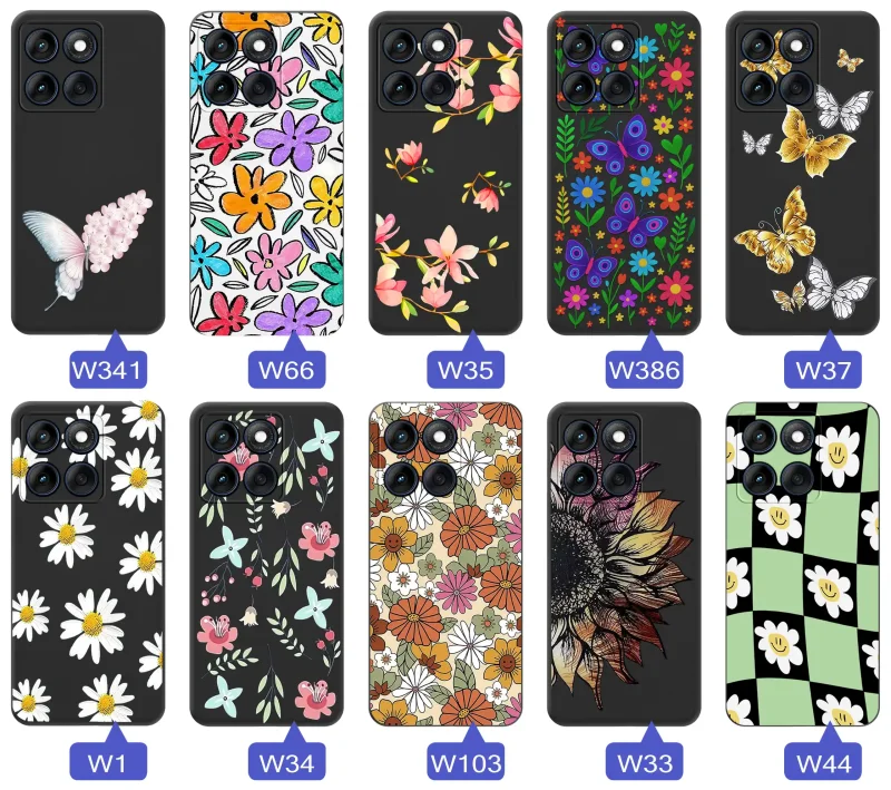 Etui wiosenne Motorola Edge 60 / 60 Fusion różnorodne motywy kwiatowe i naturalne na czarnym tle