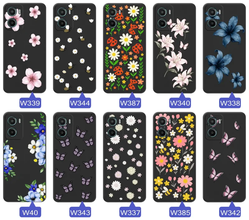 Kolekcja etui wiosennych Motorola E15 / G05 – wzory kwiaty, motylki, pszczółki, biedronki
