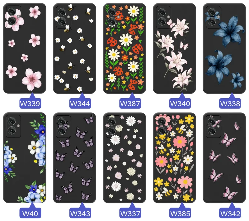 Kolekcja etui wiosennych Motorola Moto G55 5G – wzory kwiaty, motylki, pszczółki, biedronki