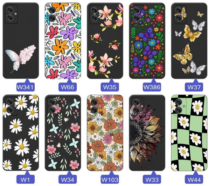 Etui wiosenne Motorola Moto G55 5G różnorodne motywy kwiatowe i naturalne na czarnym tle