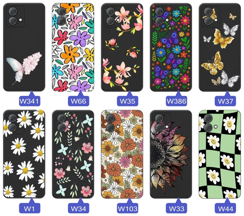 Etui wiosenne Motorola Moto G84 5G różnorodne motywy kwiatowe i naturalne na czarnym tle