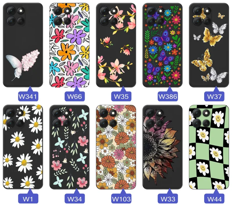 Etui wiosenne Motorola Moto G86 różnorodne motywy kwiatowe i naturalne na czarnym tle