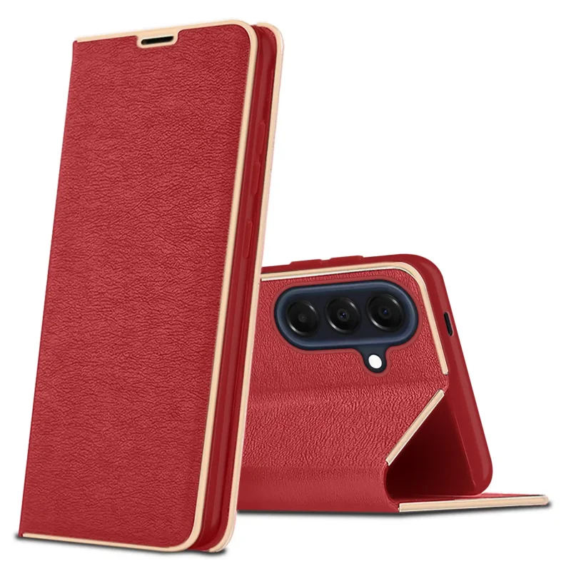 Etui z klapką do Samsung Galaxy A36 / A37 5G czerwone ze złotą ramką, eleganckie wykończenie