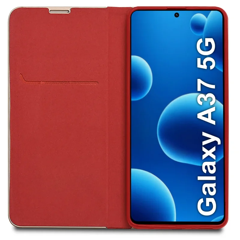 Wnętrze czerwonego pokrowca z klapką na Samsung Galaxy A36 / A37 5G, kieszonka na karty i banknoty - eleganckie etui portfelowe