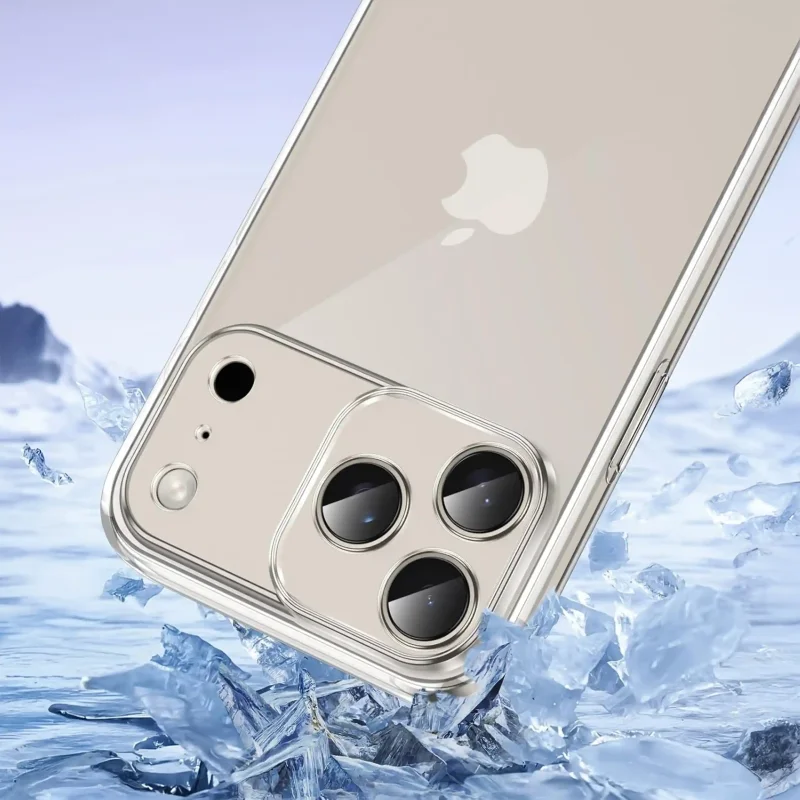 Wzmocniona ochrona aparatu w etui przezroczystym do iPhone 17 Pro – zbliżenie na wyspę kamery
