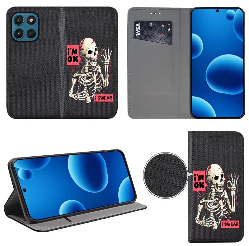 Etui książkowe do Motorola Moto G57 / G57 Power z nadrukiem szkieletu, widok przodu i tyłu, kieszonka na kartę oraz funkcja podstawki