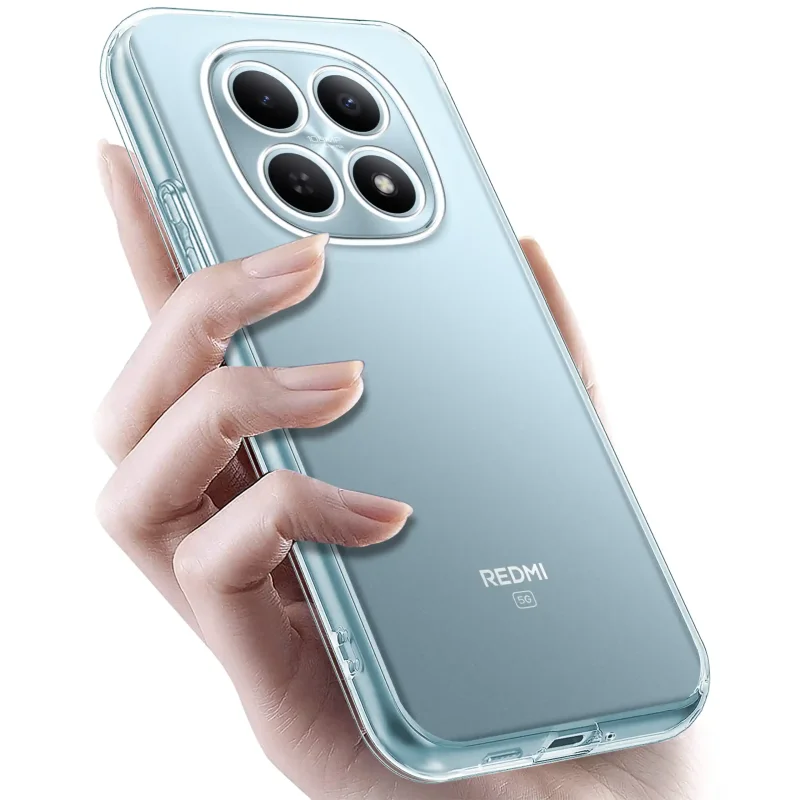 Xiaomi Redmi Note 15 Pro+ Plus 5G w przezroczystym etui TPU – widok z tyłu, telefon trzymany w dłoni