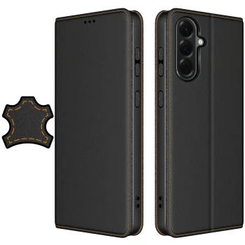 Etui do Samsung Galaxy A57 5G skórzane zamykane czarne ze szkłem