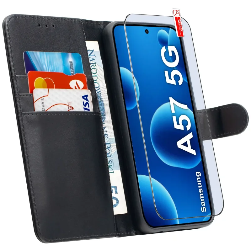 Etui skórzane z klapką do Samsung Galaxy A57 5G z kieszonkami na karty i szkłem hartowanym na ekran