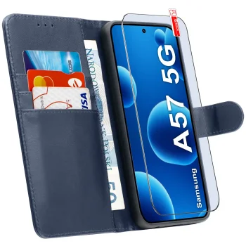 Etui do Samsung Galaxy A57 5G granatowe magnetyczne z klapką ze szkłem