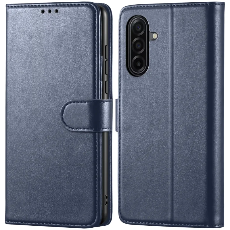 Granatowy pokrowiec z klapką do Samsung Galaxy A57 5G – skórzane, zamykane, z miejscem na karty i dokumenty