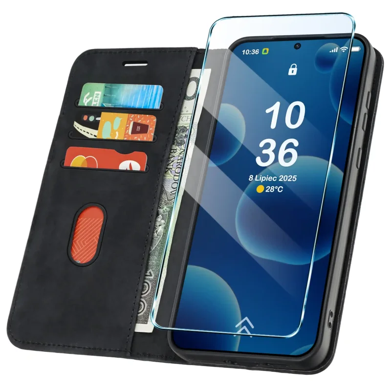 Etui z klapką do Samsung Galaxy A57 5G z kieszonkami na karty i miejscem na gotówkę – funkcjonalny czarny pokrowiec