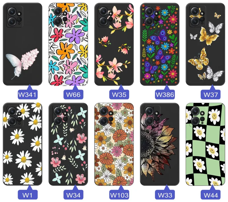 Etui wiosenne Xiaomi Redmi Note 12 4G różnorodne motywy kwiatowe i naturalne na czarnym tle