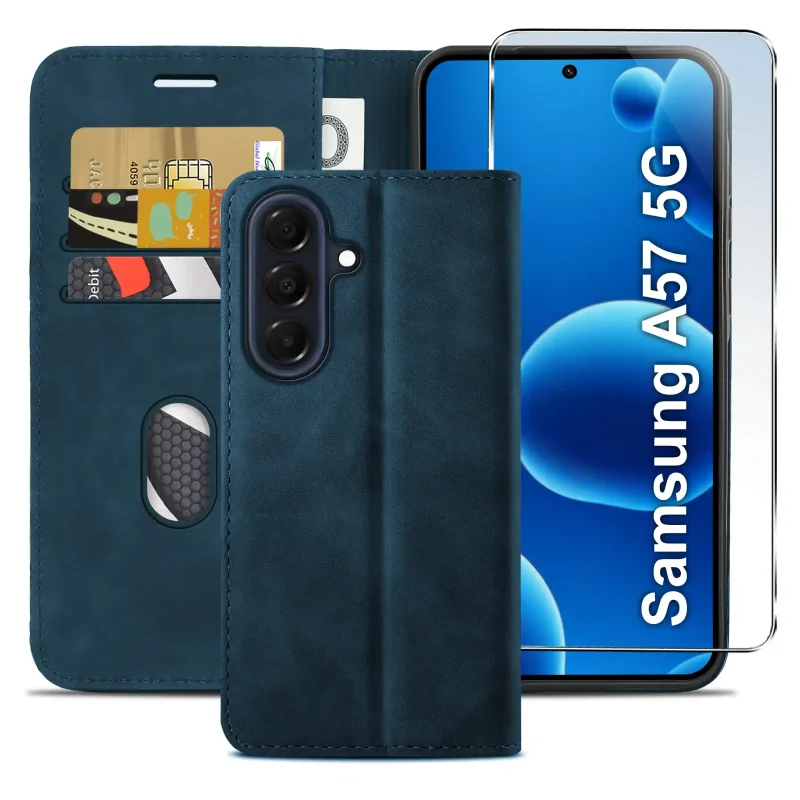 Skórzane granatowe etui book case Samsung Galaxy A57 5G – ochrona telefonu, miejsce na karty i dopasowana konstrukcja