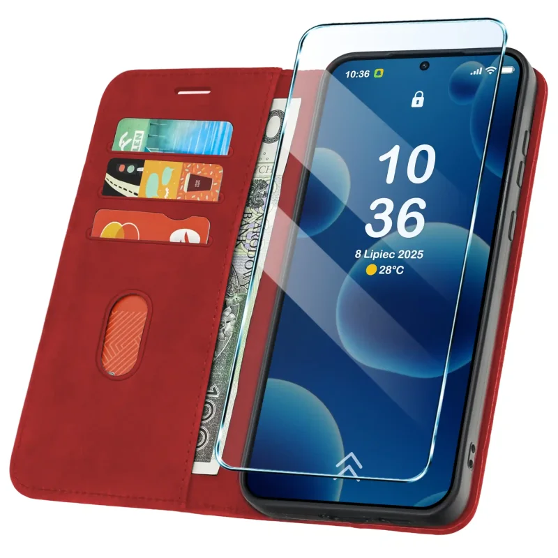 Etui z klapką do Samsung Galaxy A57 5G z kieszonkami na karty i miejscem na gotówkę – funkcjonalny czerwony pokrowiec
