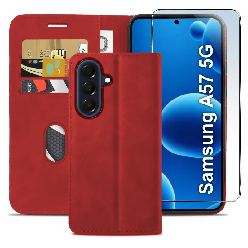 Skórzane czerwone etui book case Samsung Galaxy A57 5G – ochrona telefonu, miejsce na karty i dopasowana konstrukcja