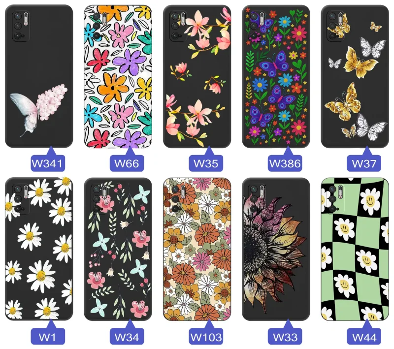 Etui wiosenne Xiaomi Redmi Note 10 5G różnorodne motywy kwiatowe i naturalne na czarnym tle