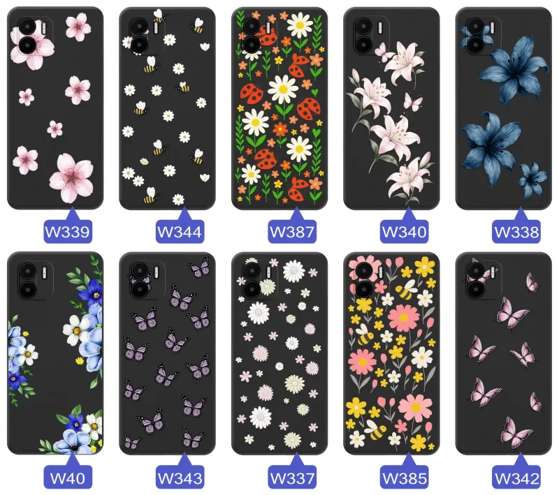 Kolekcja etui wiosennych Xiaomi Redmi A1 / A2 – wzory kwiaty, motylki, pszczółki, biedronki