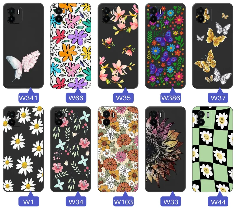Etui wiosenne Xiaomi Redmi A1 / A2 różnorodne motywy kwiatowe i naturalne na czarnym tle