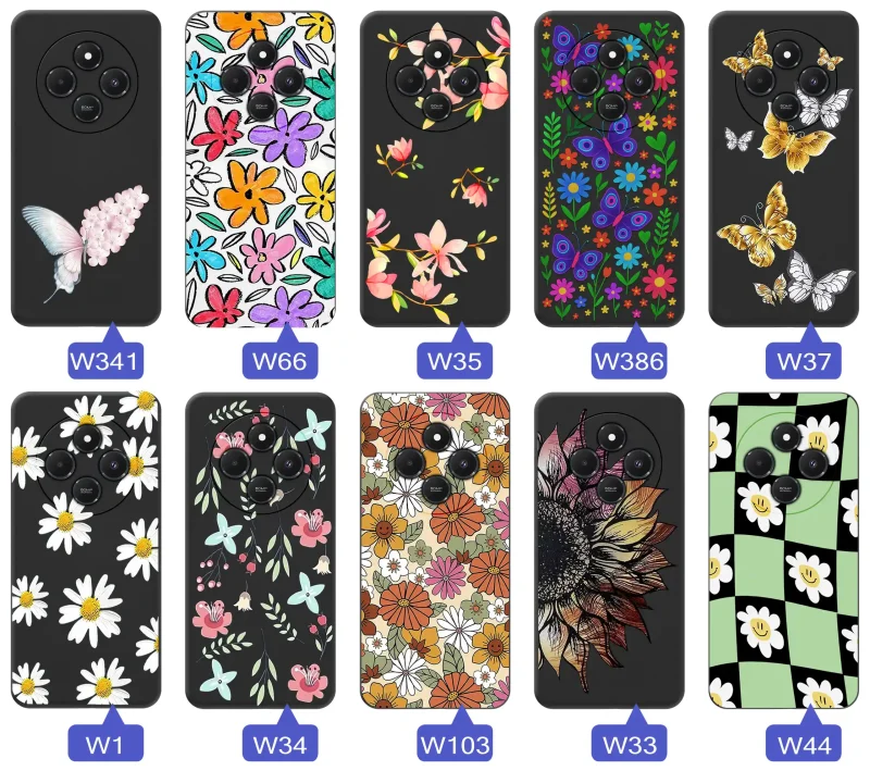 Etui wiosenne Xiaomi Redmi 14C różnorodne motywy kwiatowe i naturalne na czarnym tle
