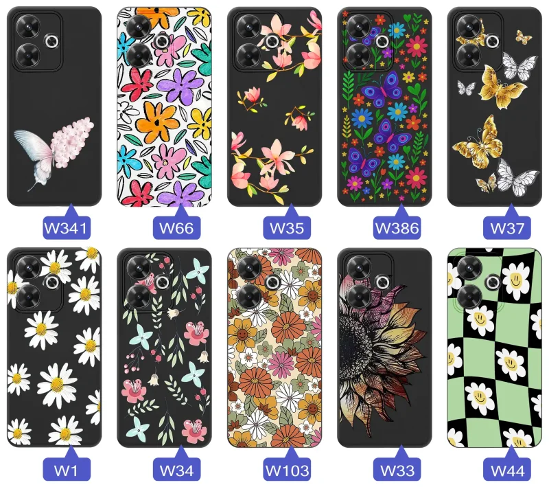 Etui wiosenne Xiaomi Redmi 13 4G różnorodne motywy kwiatowe i naturalne na czarnym tle