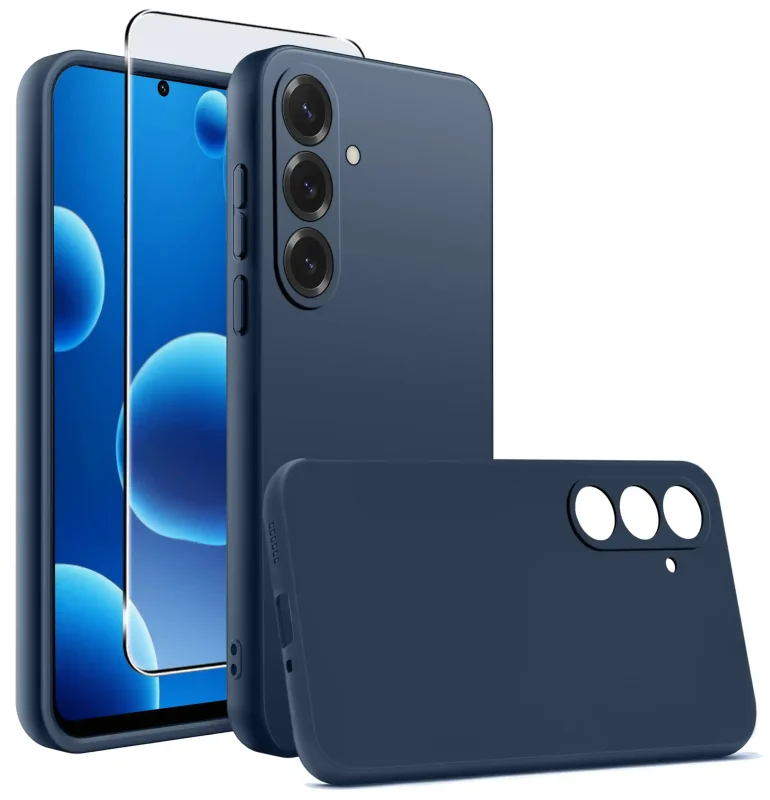 Granatowy silikonowy case do Samsung Galaxy A57 5G – widok przód i tył, matowe wykończenie