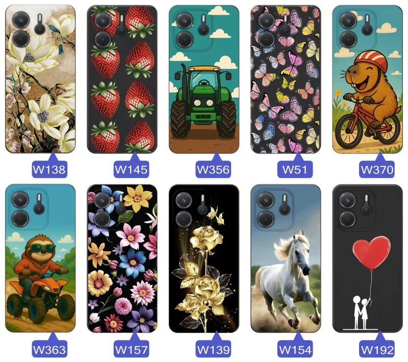 Case wiosenne Xiaomi Redmi Note 14 5G czarne etui z wzorem – motyle, kwiaty, róże, koń, traktor, truskawki, kapibara, miłość