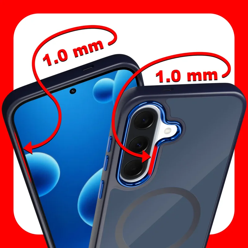Etui magnetyczne Samsung Galaxy A37 5G granatowe – zaznaczone podwyższone ranty 1 mm chroniące ekran i aparat