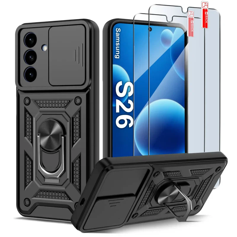 Etui pancerne Slide Ring do Samsung Galaxy S26 z osłoną aparatu i szkłem hartowanym w zestawie
