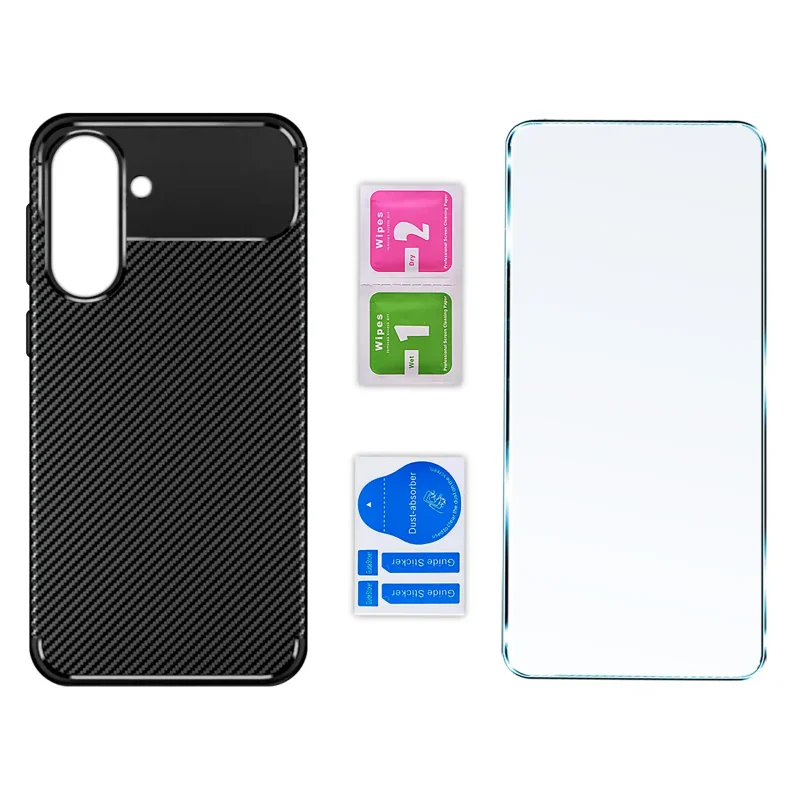 Zestaw: etui carbon do Samsung Galaxy A57 5G, 1 szkło hartowane 9H oraz akcesoria montażowe