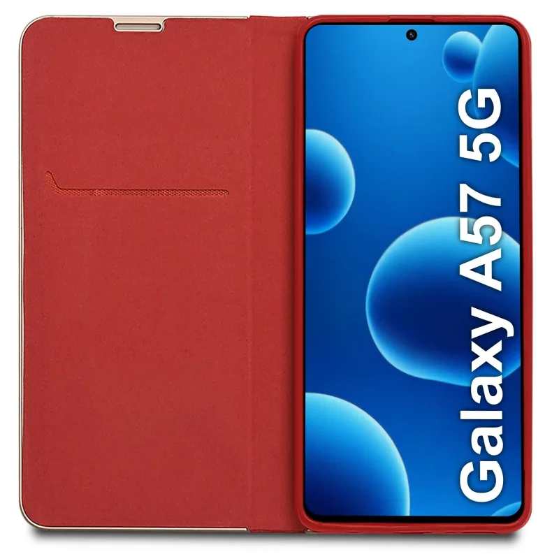Wnętrze czerwonego pokrowca z klapką na Samsung Galaxy A57 5G, kieszonka na karty i banknoty - eleganckie etui portfelowe