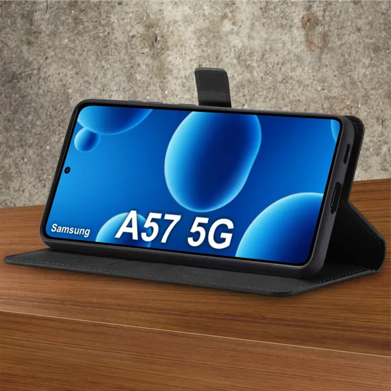 Czarna kabura skórzana do Samsung Galaxy A57 5G z funkcją podstawki
