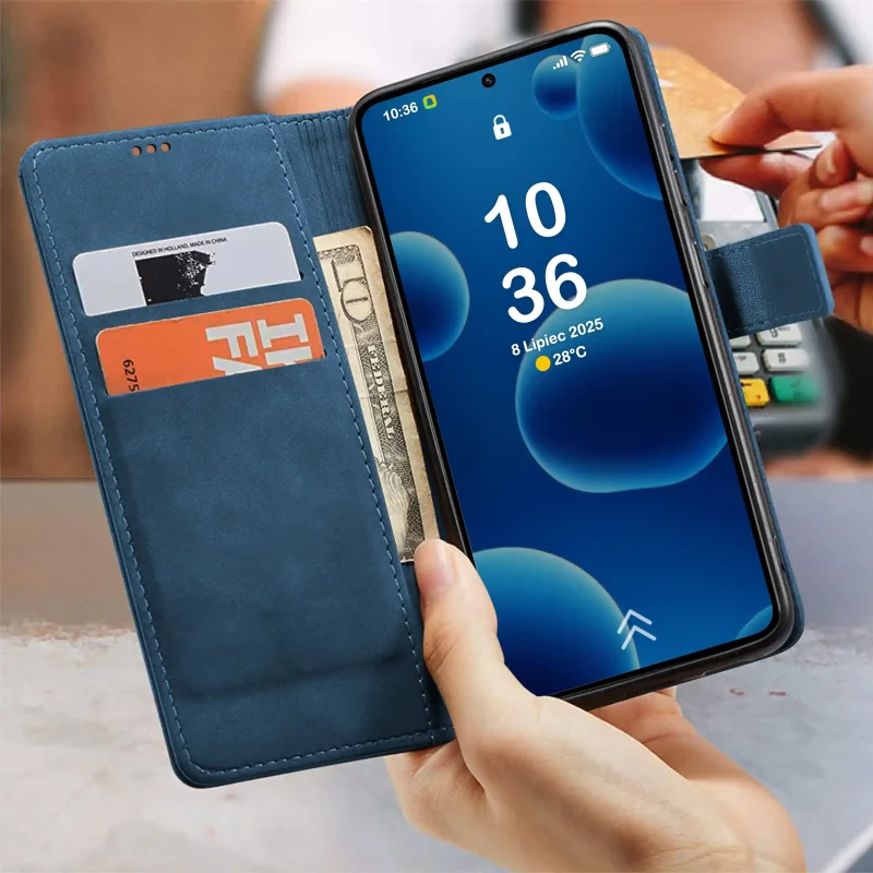 Granatowe etui portfelowe do Samsung Galaxy A57 5G z kieszonkami na karty i banknoty