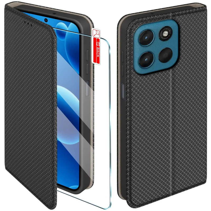 Czarne etui z klapką do Motorola Moto G57 / G57 Power ze szkłem hartowanym – widok przodu i tyłu z elegancką, teksturowaną powierzchnią