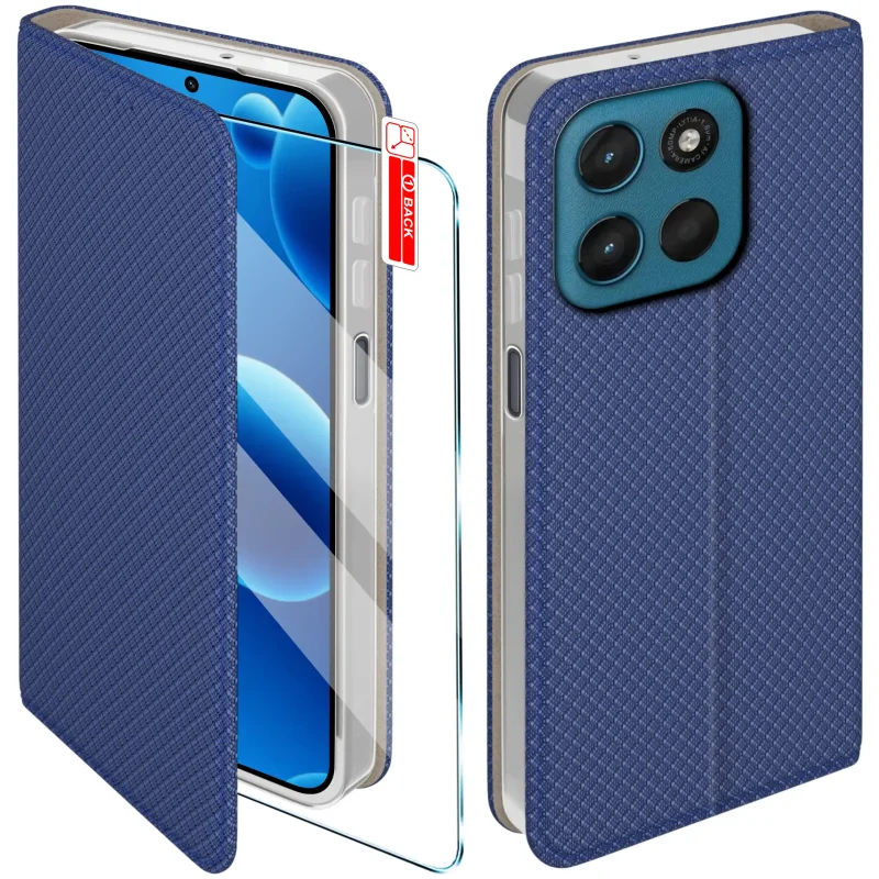Granatowe etui z klapką do Motorola Moto G57 / G57 Power ze szkłem hartowanym – widok przodu i tyłu z elegancką, teksturowaną powierzchnią
