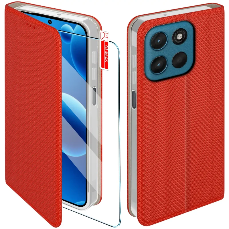 Czerwone etui z klapką do Motorola Moto G57 / G57 Power ze szkłem hartowanym – widok przodu i tyłu z elegancką, teksturowaną powierzchnią