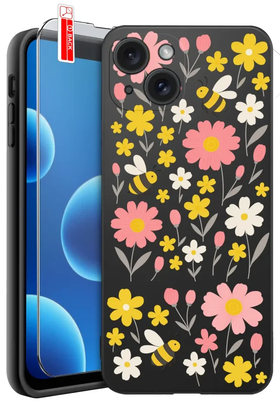 Etui wiosenne do iPhone 13 / 14 z kwiatkami i pszczółkami