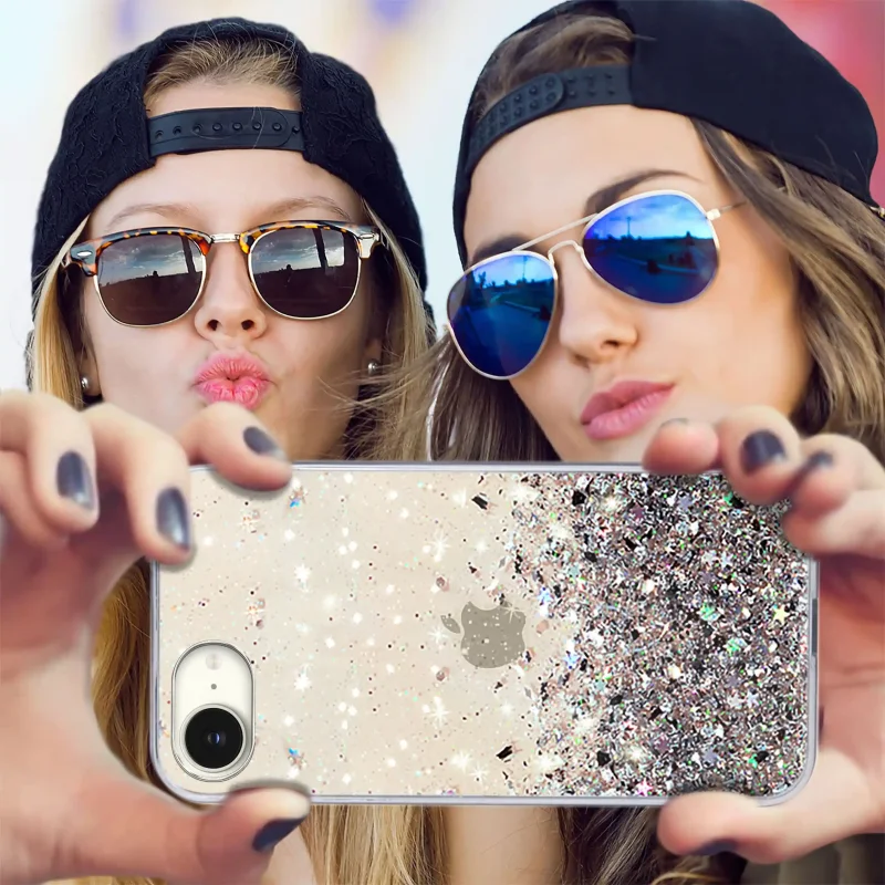 Elegancki wygląd smartfona w dłoni dzięki brokatowemu etui iPhone 16e