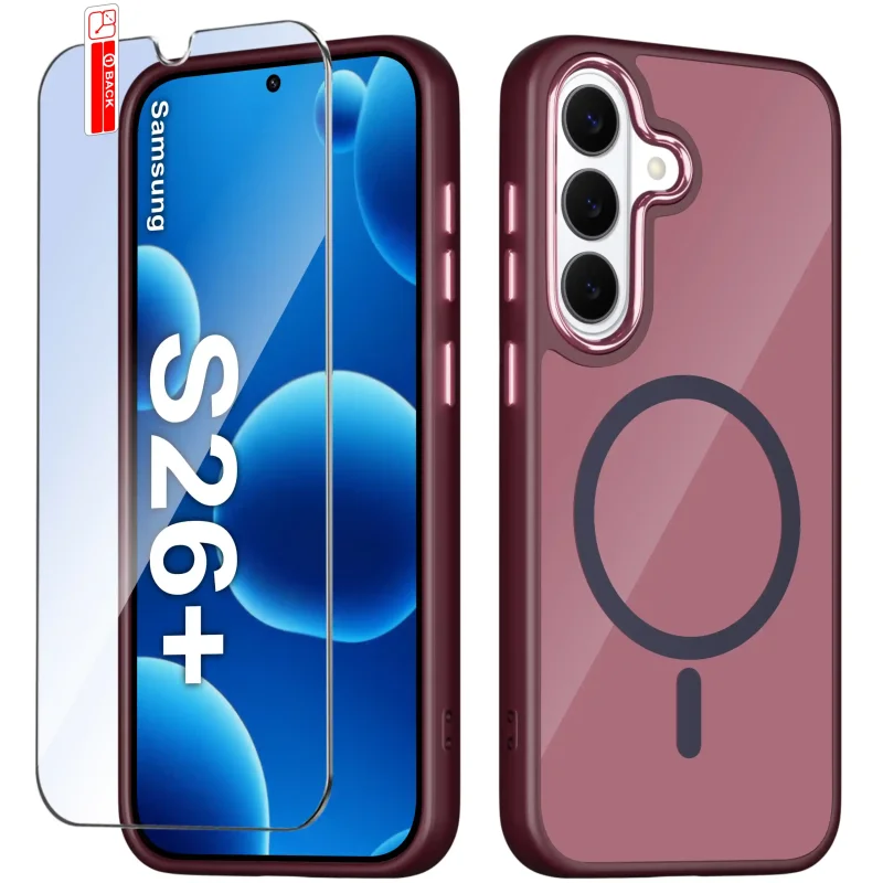 Etui MagSafe Samsung Galaxy S26+ Plus burgundowe i szkło hartowane na ekran w zestawie