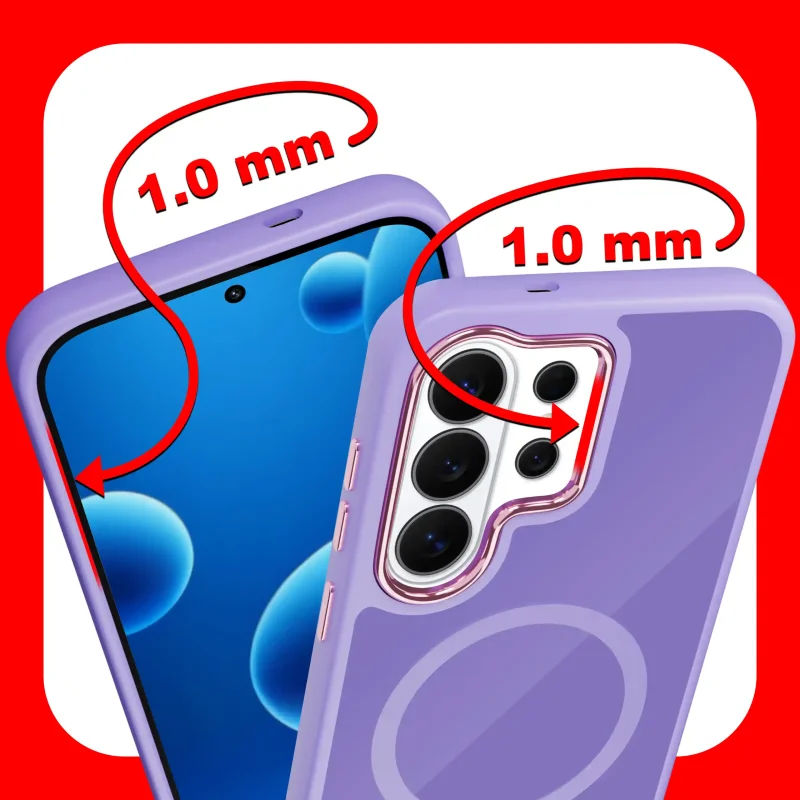 Etui magnetyczne Samsung Galaxy S26 Ultra fioletowe – zaznaczone podwyższone ranty 1 mm chroniące ekran i aparat